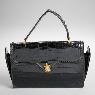 Vintage French black crocodile leather handbag