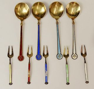 Lot of Nine (9) Norway Enameled Guilloche Gilt Sterling Cocktail Spoons and Forks