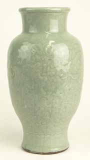 Antique Chinese Celadon Porcelain Vase with Crackle Glaze and Floral Decoration Surrounding the Vase