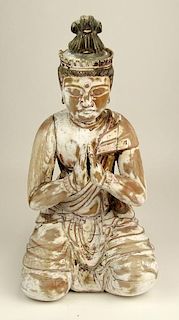 Old Carved Wood Praying Buddha Figure. Distressed Polychrome Patina