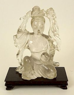 Chinese Carved Rock Crystal Guanyin with Wood Stand