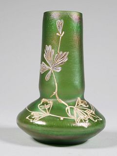Green Iridescent Glass Vase, Enamel