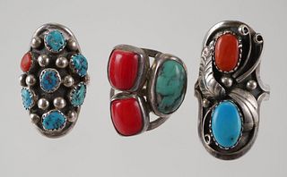 (3) NAVAJO Sterling & Turquoise & Red Coral Rings 