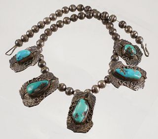 NAVAJO Sterling Turquoise Squash Blossom Necklace