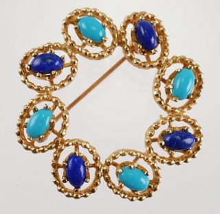 14k Gold Lapis & Turquoise Brooch