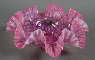 Antique Ruffle Edge Pink Art Glass Bowl 