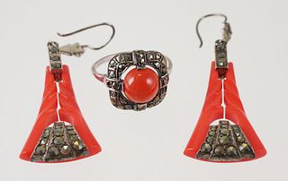 Art Deco Sterling & Coral Ring and Earrings