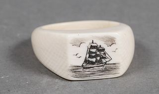 Old Carved Ivory Scrimshaw Ring of Ship Sailboat 