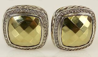 Pair of Lady's David Yurman Diamond, 18 Karat Yellow Gold and Sterling Silver Albion Dome Earrings