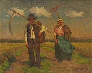 Jeno Krupka, French/Hungarian (19/20th C) Oil on Canvas "Returning From The Fields"