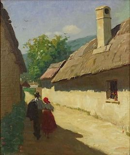 Hungarian School: Yvsllo Piroska? Dated 1936 Well Done Oil on Canvas Laid Down on Board "Village Stroll"