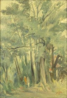 Circa 1950 Oil on Masonite, Wooded Landscape with Figures