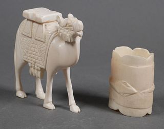 Carved Ivory CAMEL Statue & SNAKE Napkin Ring