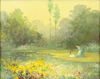 Marion Rice, American  (20th century) Oil on Canvas, "The Garden Pond"