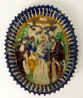 19th Century Majolica Shallow Bowl with Relief Baptism of Christ Scene and Fluted Rim