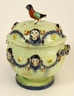 Unusual 19/20th Century Glazed Pottery Covered jar with Bird Finial and Mask Decoration