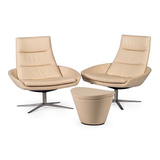 A Pair of Contemporary Swivel Armchairs and Ottoman by Montis