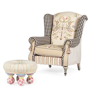 Mackenzie-Childs Upholstered Armchair and Ottoman from the Courtly Palazzo Line