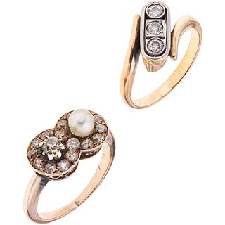 TWO RINGS WITH CULTURED PEARL AND DIAMONDS. 10K YELLOW GOLD