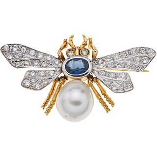 BROOCH WITH CULTURED PEARL, SAPPHIRE AND DIAMONDS. 14K YELLOW GOLD