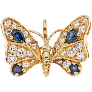 PENDANT / BROOCH WITH SAPPHIRES AND DIAMONDS. 14K YELLOW GOLD