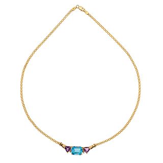 CHOKER WITH TOPAZ, AMETHYSTS AND DIAMONDS. 14K YELLOW GOLD