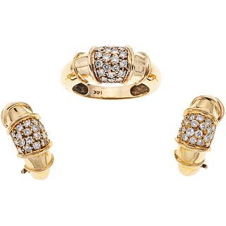 RING AND EARRINGS SET WITH DIAMONDS. 14K YELLOW GOLD
