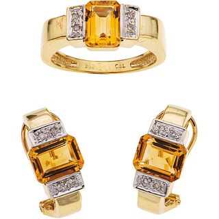 RING AND EARRINGS SET WITH CITRINE AND DIAMONDS . 14K YELLOW GOLD