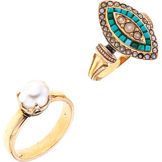TWO RINGS WITH CULTURED PEARLS AND TURQUOISE. 14K YELLOW GOLD