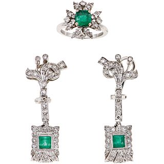 RING AND EARRINGS SET WITH EMERALDS AND DIAMONDS . PALLADIUM SILVER