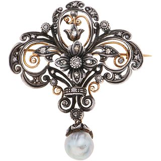 CULTURED PEARL AND DIAMONDS BROOCH. 18K YELLOW GOLD AND SILVER