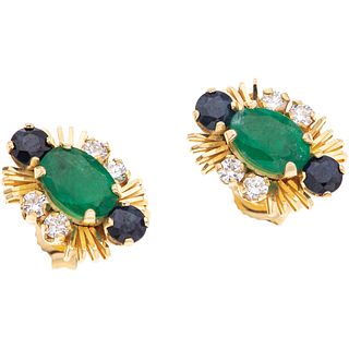 EMERALDS, SAPPHIRES AND DIAMONDS STUD EARRINGS. 14K YELLOW GOLD