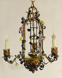 Early 20th Century Bronze and Porcelain Three Light Chandelier