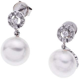 CULTURED PEARLS AND DIAMONDS EARRINGS. 14K WHITE GOLD