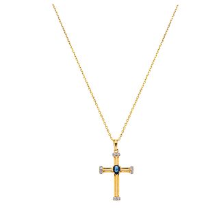 NECKLACE AND CROSS WITH SAPPHIRE AND DIAMONDS. 14K YELLOW GOLD