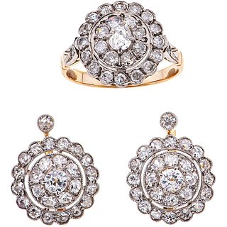 DIAMONDS RING AND EARRINGS SET. 18K, 14K AND 8K YELLOW AND WHITE GOLD