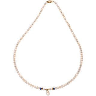 CULTURED PEARLS AND SAPPHIRES CHOKER. 14K YELLOW GOLD