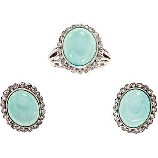 RING AND EARRINGS SET WITH TURQUOISE AND DIAMONDS. PALLADIUM SILVER