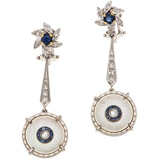 SAPPHIRES, MOTHER OF PEARL AND DIAMONDS EARRINGS. PALLADIUM SILVER AND 18K YELLOW GOLD