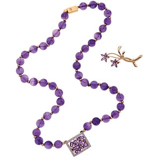CHOKER AND BROOCH WITH AMETHYST AND DIAMONDS. 18K AND 14K YELLOW GOLD