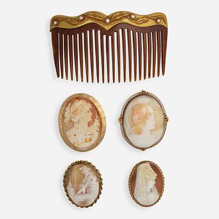 Four shell cameo brooches and a seed pearl and gold hair comb
