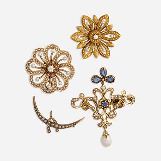 Group of Antique jewelry and synthetic sapphire and seed pearl brooch