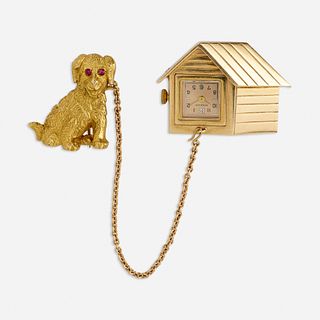 Gold dog and dog house watch brooch