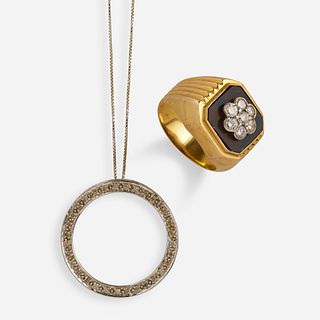 Diamond circle necklace and black onyx and diamond ring