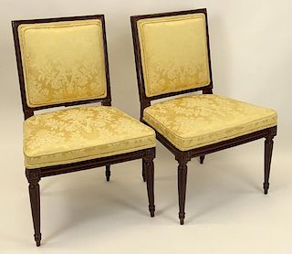 Pair of Early 19/20th Century French Louis XVI style Carved Beechwood and Upholstered Side Chairs