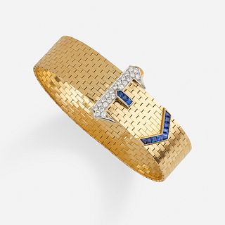 Gold, sapphire, and diamond buckle bracelet