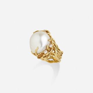 Arthur King, Baroque cultured pearl, diamond, and gold ring