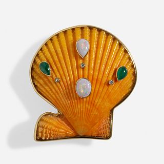 Marguerite Stix, Opal, emerald, and diamond shell brooch