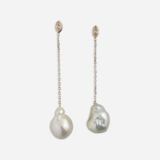 Baroque cultured pearl and diamond ear pendants