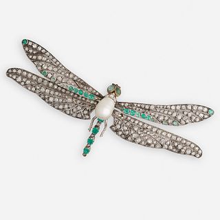 Emerald, diamond, and pearl dragonfly brooch